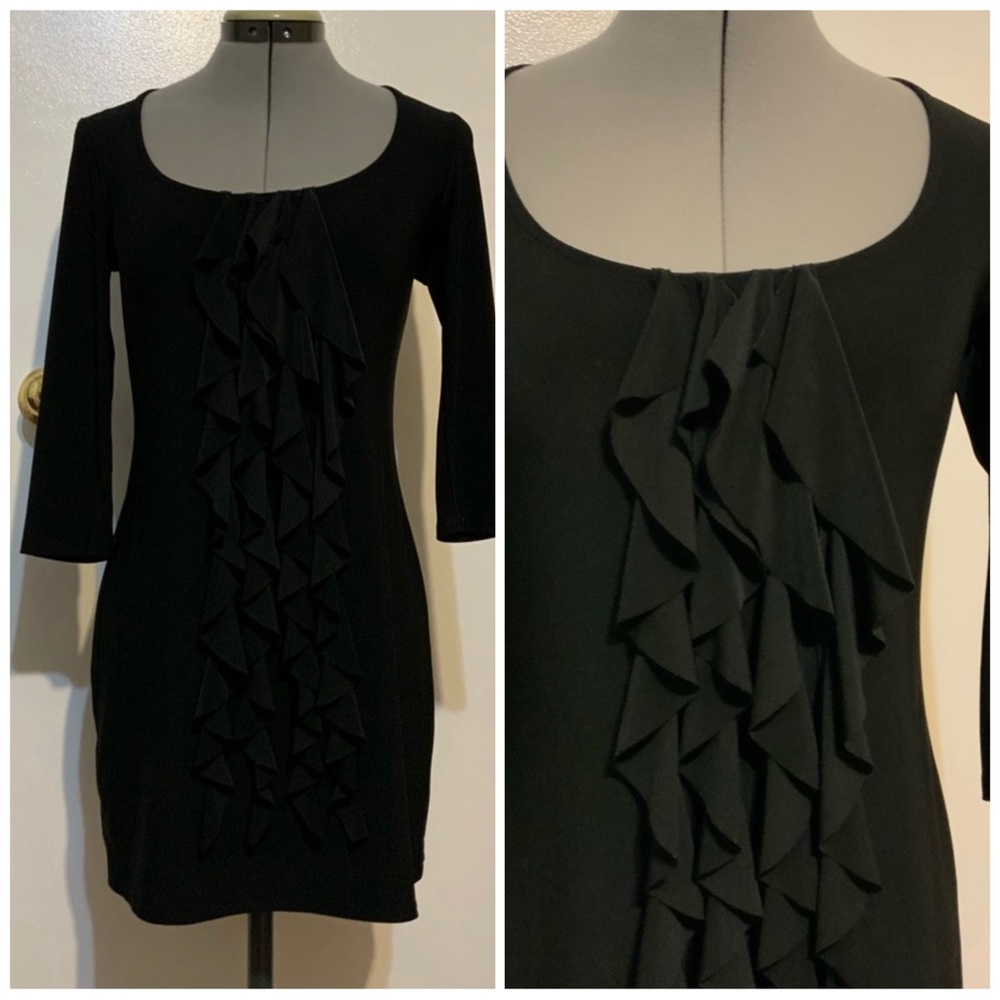 NWT White House Black Market Black Waterfall Mini Dress 3/4 Sleeves